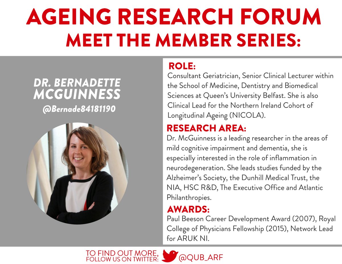 Today we introduce you to Dr. Bernadette McGuinness (@Bernade84181190). Bernadette's research interests include #mildcognitiveimpairment and #dementia 🧠. Find out more about her by clicking on the picture below or visiting her QUB Pure Link: pure.qub.ac.uk/en/persons/ber…