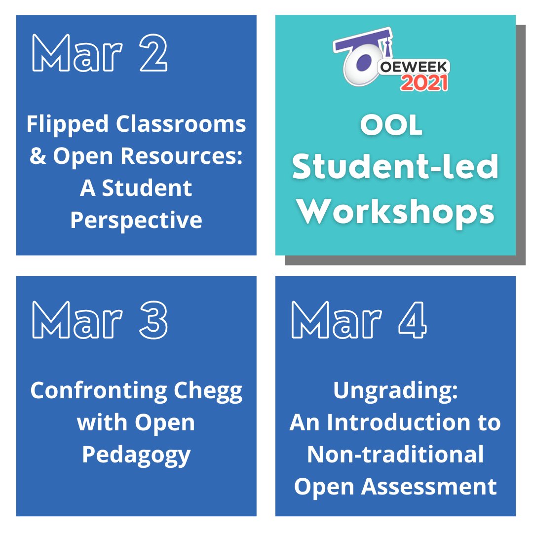 Open Education Week workshops- March 2 Flipped Classrooms, March 3 Confronting Chegg, and Mar 4 Ungrading