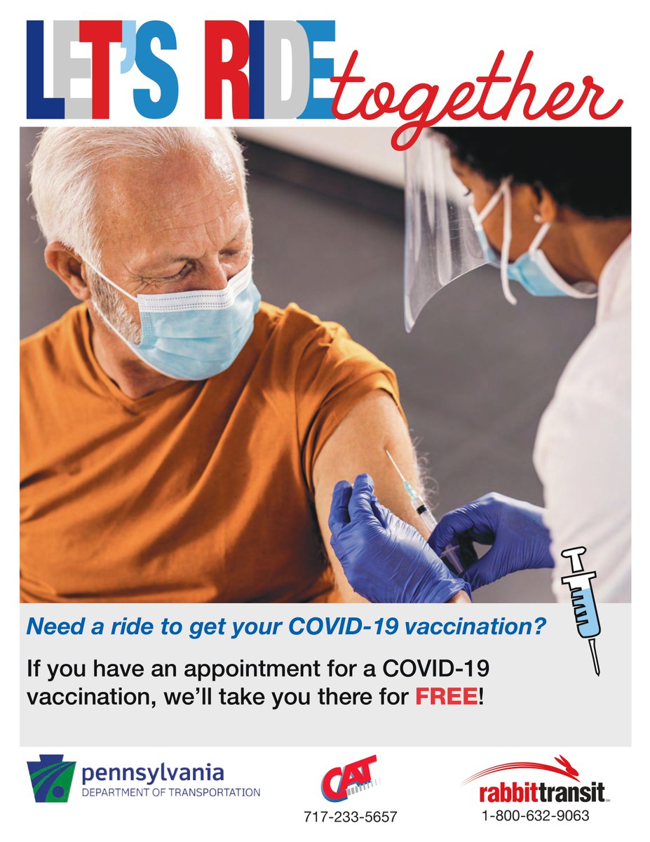 CompeerLeb's tweet image. Looking for transportation to receive your COVID-19 vaccine? @CATTransit and @rabbitALERTS are offering free transportation to those seeking a ride to receive their vaccine! Call the numbers listed below for more information! Stay safe and healthy.
