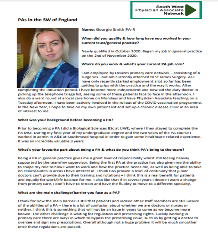 SWPAN (@swpanpas) on Twitter photo 🌟Meet our PAs in the SW of England👏
Today meet Georgie, a Wiltshire based primary care PA in Devizes PCN #PAsinprimarycare
@NHSBSWCCG
@BSW_STP
<a href="/UWEPASociety/">UWE PA Society</a>
Plenty more SW PAs to meet EACH DAY this week in our end of Feb special & look on our SWPAN website for more 🌟Meet our PAs in the SW of England👏
Today meet Georgie, a Wiltshire based primary care PA in Devizes PCN #PAsinprimarycare
@NHSBSWCCG
@BSW_STP
<a href="/UWEPASociety/">UWE PA Society</a>
Plenty more SW PAs to meet EACH DAY this week in our end of Feb special & look on our SWPAN website for more