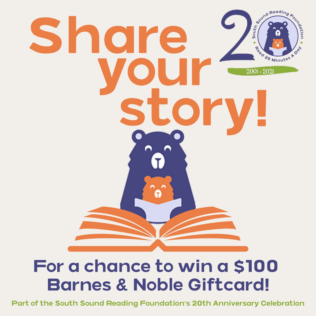Help us celebrate our 20th Anniversary by Sharing Your Story! To enter: All can submit a video of their story, or submit a short paragraph and picture. Stories, videos, and pictures can be emailed to read2me@nthurston.k12.wa.us, or uploaded to Jotform: form.jotform.com/210474742005043