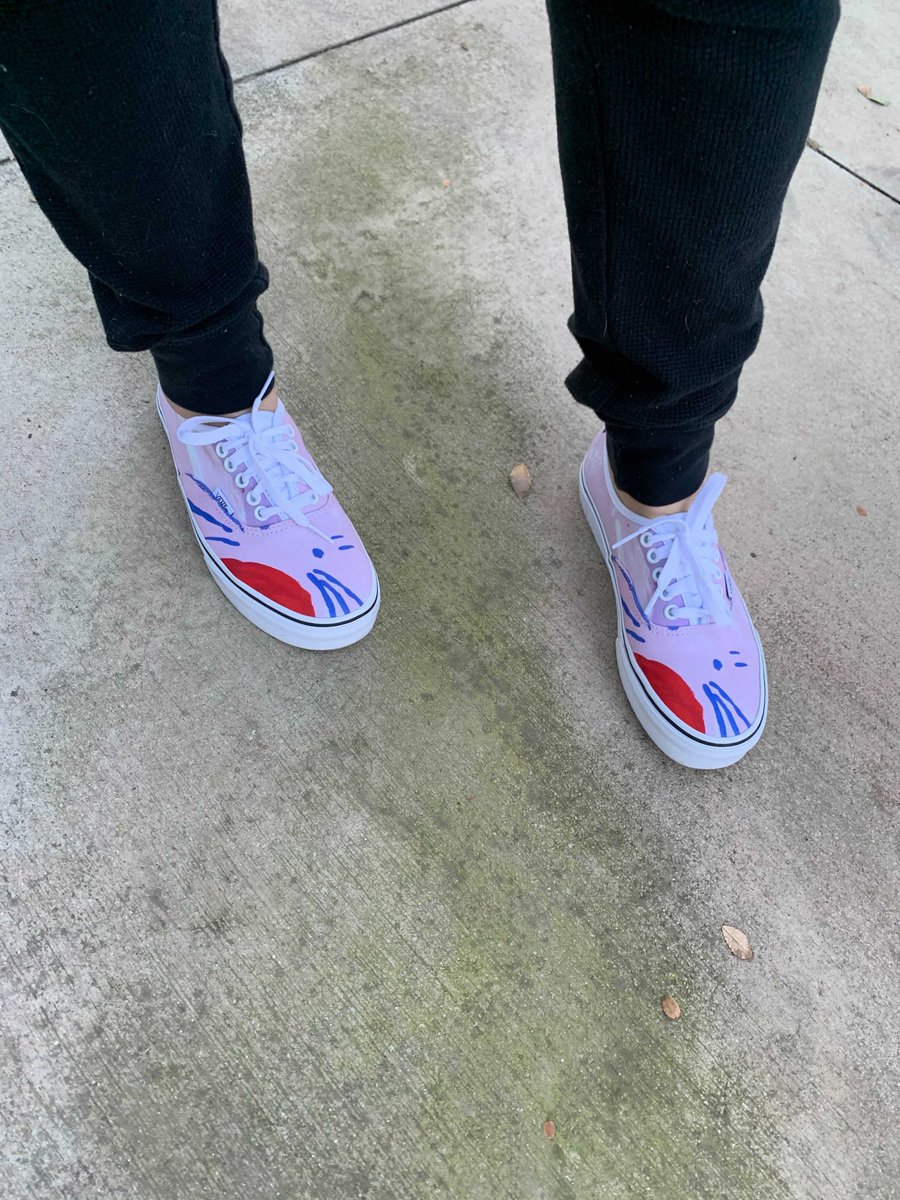 missmayim's tweet photo. I recently spoke for this amazing org @JFCSatl in Atlanta and they sent me these sneakers designed from a piece of art by a man with intellectual disability and I cried. Thank you!💜 If you look closely, you'll see it's a cat! 😻 Learn more about JF&amp;CS at https://t.co/J73OgNMIqL. https://t.co/BX7GwCshwu