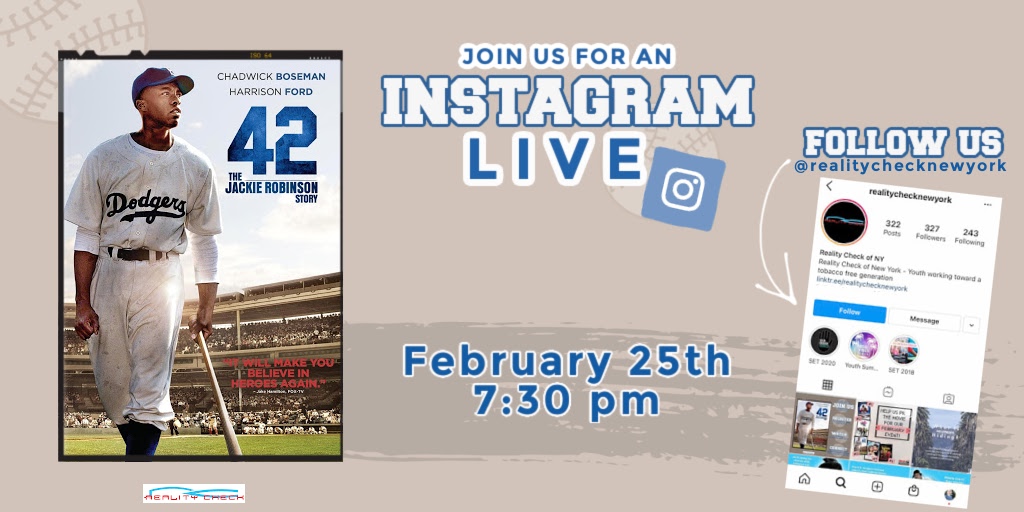 Don't forget to join us at 7:30pm on Instagram Live to talk about the movie 42! Follow us at @RealityCheckNewYork! #iglive #instagramlive #smokefreemovies