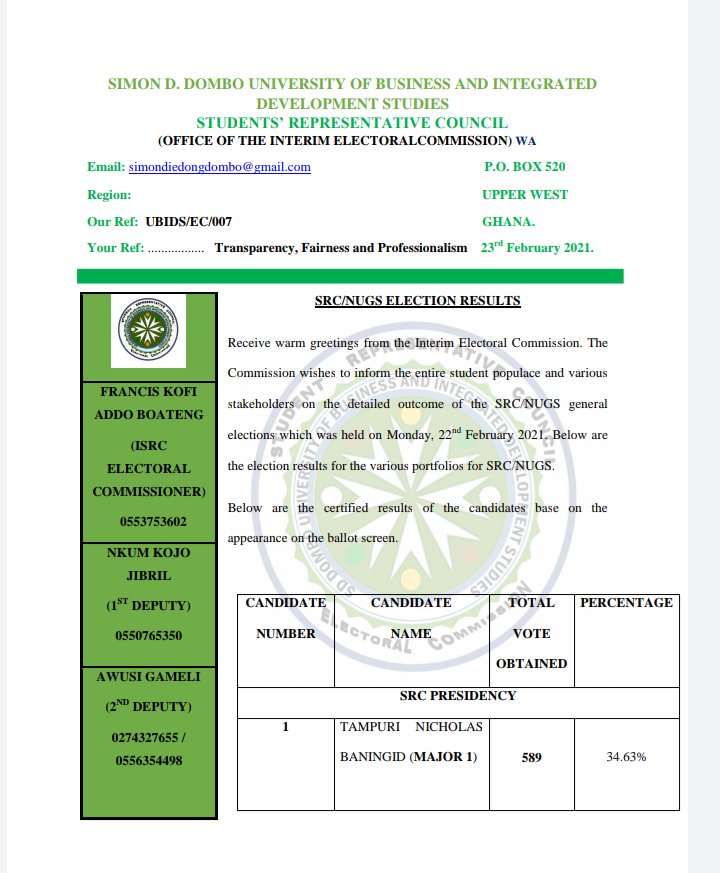 Campus360_daily's tweet photo. SRC/NUGS ELECTION RESULTS
Receive warm greetings from the Interim Electoral Commission. The
Commission wishes to inform the entire student populace and various
stakeholders on the detailed outcome of the SRC/NUGS Election.
#UBIDSdecides
#campus360 https://t.co/NNodyXCO3i