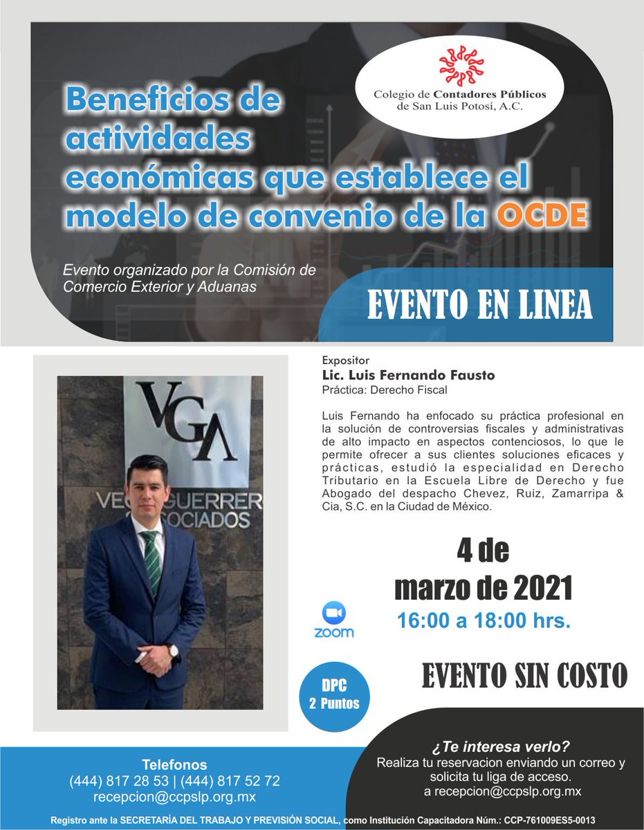CCPSLP's tweet photo. 👉 Beneficios de actividades económicas que establece el modelo de convenio de la OCDE
🌐 Evento en linea
📆 Jueves 04 de Marzo de 2021 a las 16:00 hrs.
🗣 ¡No te quedes fuera! https://t.co/jzeWFDAlxZ