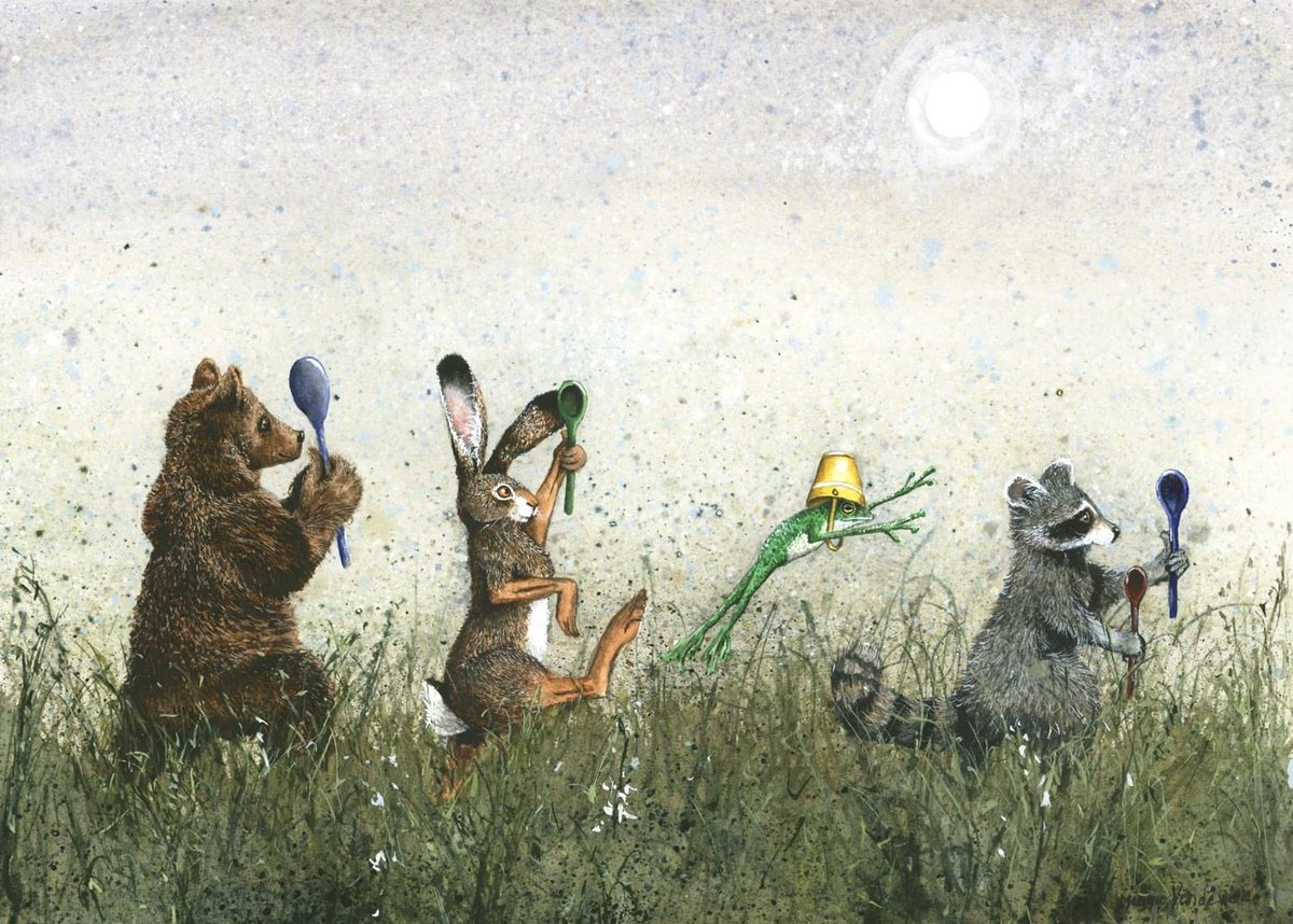 Today feels like Spring😊 
“Spoon!”
#critters #rabbit #bear #watercolor #frogs #raccoon #watercolor #hijinxedetc #maggievandewalle #etsy