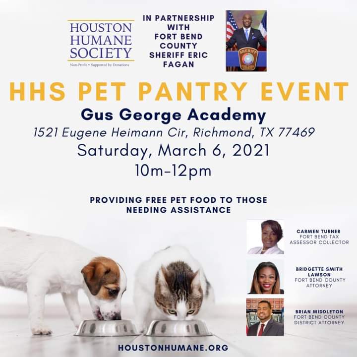 TWO PET FOOD DISTRIBUTIONS:

Friday in Sugar Land
Saturday in Richmond/Rosenberg area
