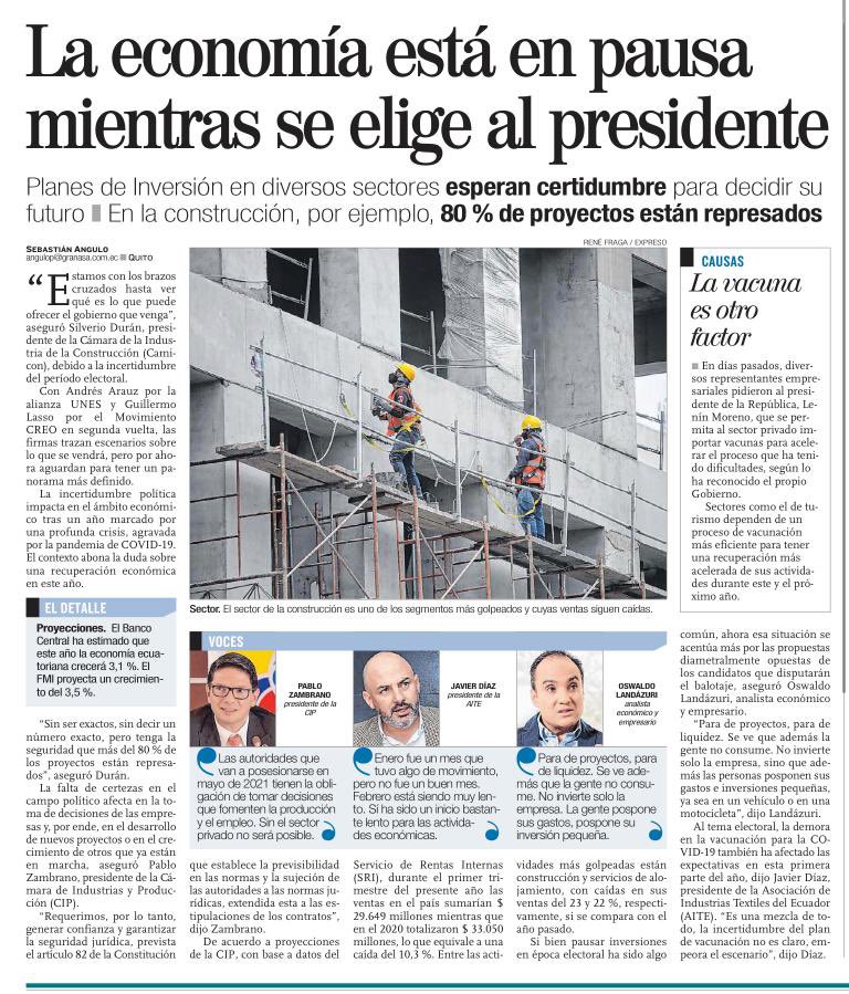 AITE_Ecuador's tweet photo. “El tema electoral y la demora en la vacunación contra la #COVID19 que no tiene un plan claro, dificultaron la reactivación económica y frenaron las expectativas en esta parte del año”. Lo explicó nuestro Pdte Ejecutivo #JavierDíaz en entrevista con @SebasDrummer de @Expresoec https://t.co/JXoULpZJBJ