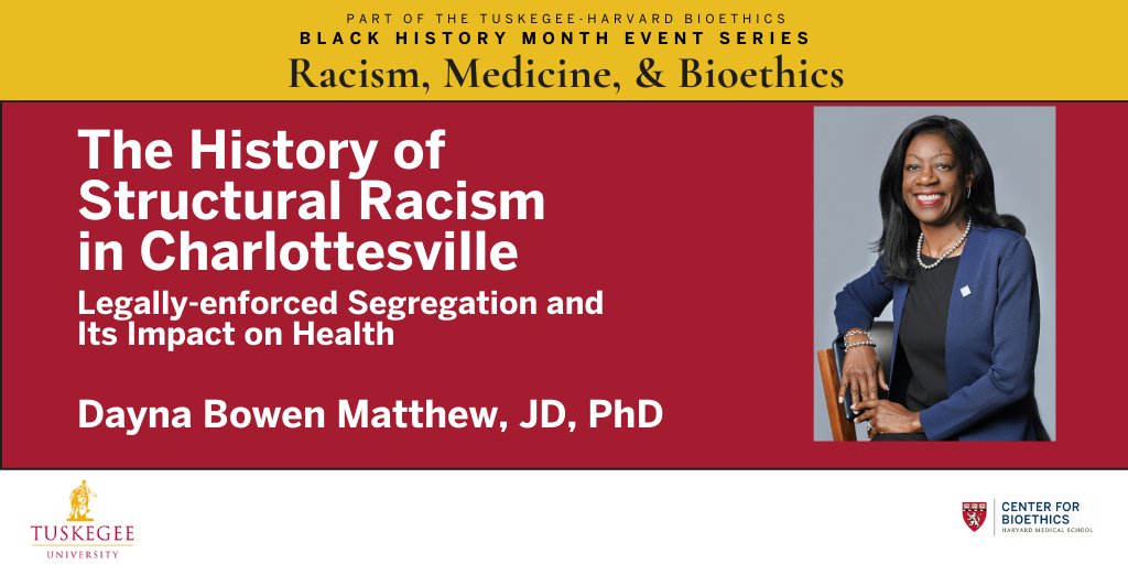 HMSbioethics's tweet photo. Live now: Dayna Bowen Matthews presents "The History of Structural Racism in Charlottesville," the final event in #HarvardBioethics Black History Month series in partnership with @BioethicsCtrTU. Join us! https://t.co/jrG6rW728Y https://t.co/dV8UktnWwK