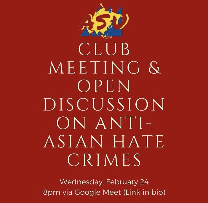 For this #EnagementWednesday, join the CNU Asian Student Union for an important, open discussion on anti-Asian hate crimes. 

Find the link to the Google Meet via the link in the CNU ASU Instagram bio (<a href="/cnu/">Srini 🏗️</a>.asu)