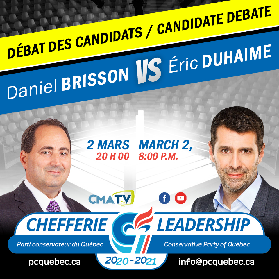 PconservateurQc's tweet photo. Le premier débat de la #PCQchefferie2021 sur la santé, la liberté d'expression, l'économie et la politique et démocratie se tiendra en direct le 2 mars 2021 à 20h sur les ondes de https://t.co/38BVpzyZLd et sur le YouTube de la chaîne. #polqc #assnat #pcquebec https://t.co/mOcpU0iZjv