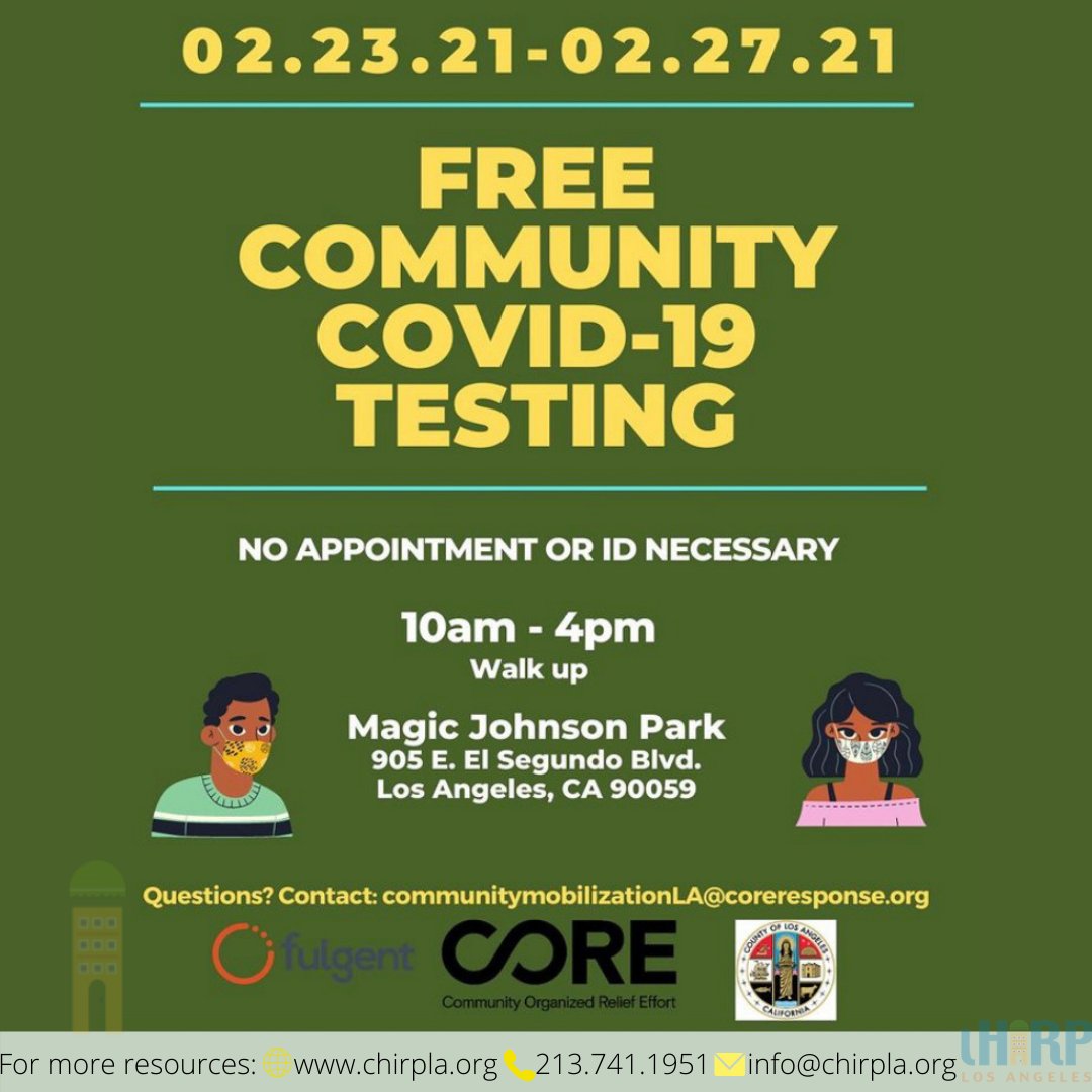 ChirpLosAngeles's tweet image. Free Community Covid Testing
Tuesday, February 23, 2021 - 10am to Saturday, February 27, 2021 - 4pm
Please verify times and locations before arriving.
#FreeCommunity #COVID19 #MagicJohnsonPark #Resources #ChirpLosAngeles