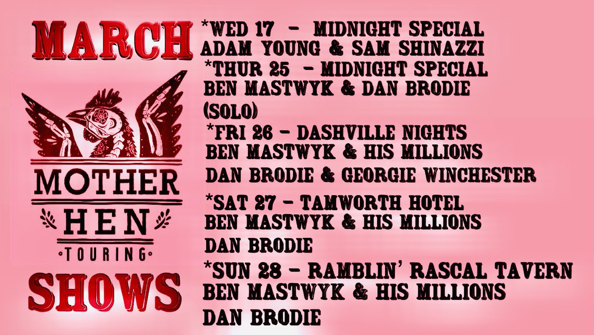 March Is sorted 💕🐓 jump on the link for info and tickets    linktr.ee/Motherhentouri…. @adammyoung  <a href="/SamShinazzi/">Sam Shinazzi 🎤</a>  <a href="/benmastwyk/">Ben Mastwyk</a> <a href="/stanleyrecords1/">Stanley Records</a> <a href="/The_Gum_Ball/">Dashville</a>