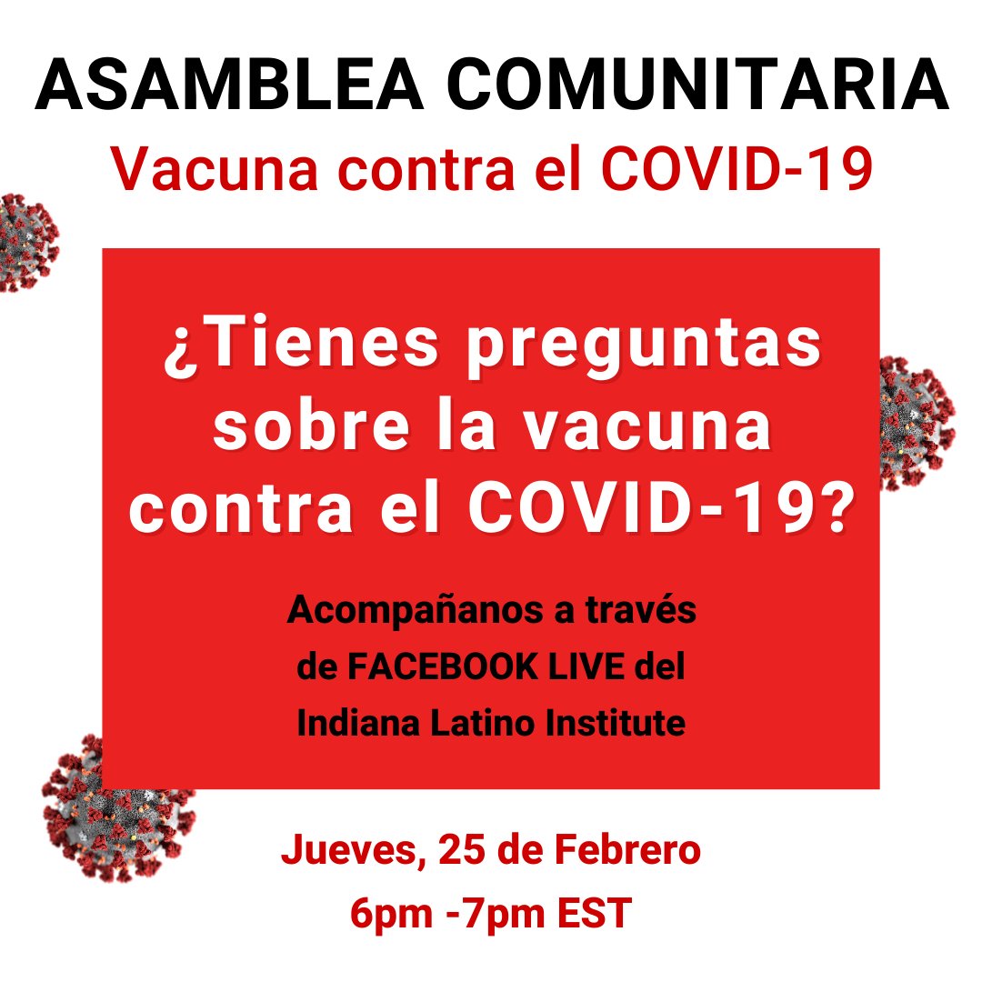Comunidad Latina!

Expertos estarán respondiendo a tus preguntas sobre la vacuna en contra el COVID-19 en ESPANOL.

Jueves, 25 de febrero
6–7pm EST 
Facebook Live: a través de la página del ILI

Puedes ingresar tus preguntas en el link: 
docs.google.com/forms/d/e/1FAI…