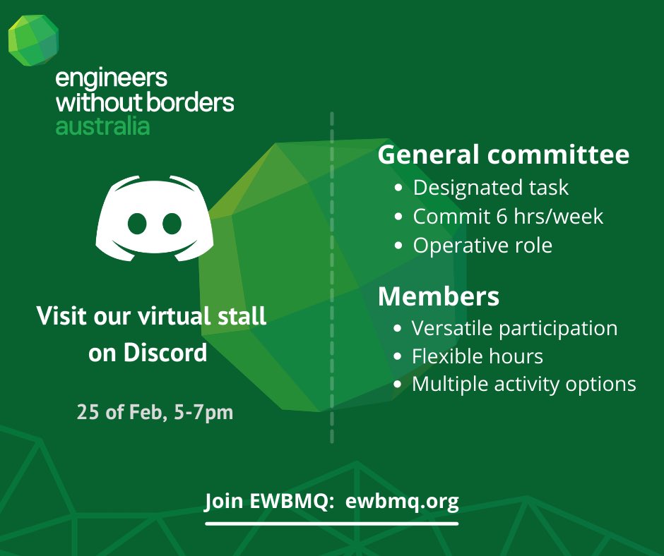 ewbmq's tweet photo. Meet the execs and learn more about EWB by joining us today from 5–7pm at the Macquarie University Student Group Showcase hosted online via Discord!

Server invite: https://t.co/WxcMMrQH8p https://t.co/B8ydwiDO6t