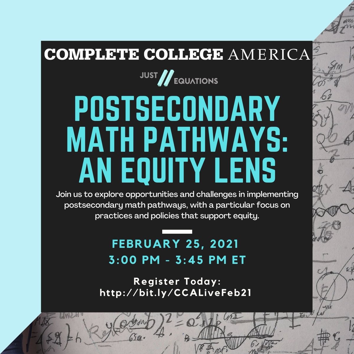 CompleteCollege's tweet photo. Join us TOMORROW from 3:00 PM-3:45 PM EST for #CCALive with special guest @Melodiekbaker. Tune in for a discussion on Postsecondary Math Pathways: An Equity Lens. It’s not too late to sign up! Visit https://t.co/gU1ziqZ5nE to register now. You don’t want to miss it. https://t.co/2q99jsCmkK