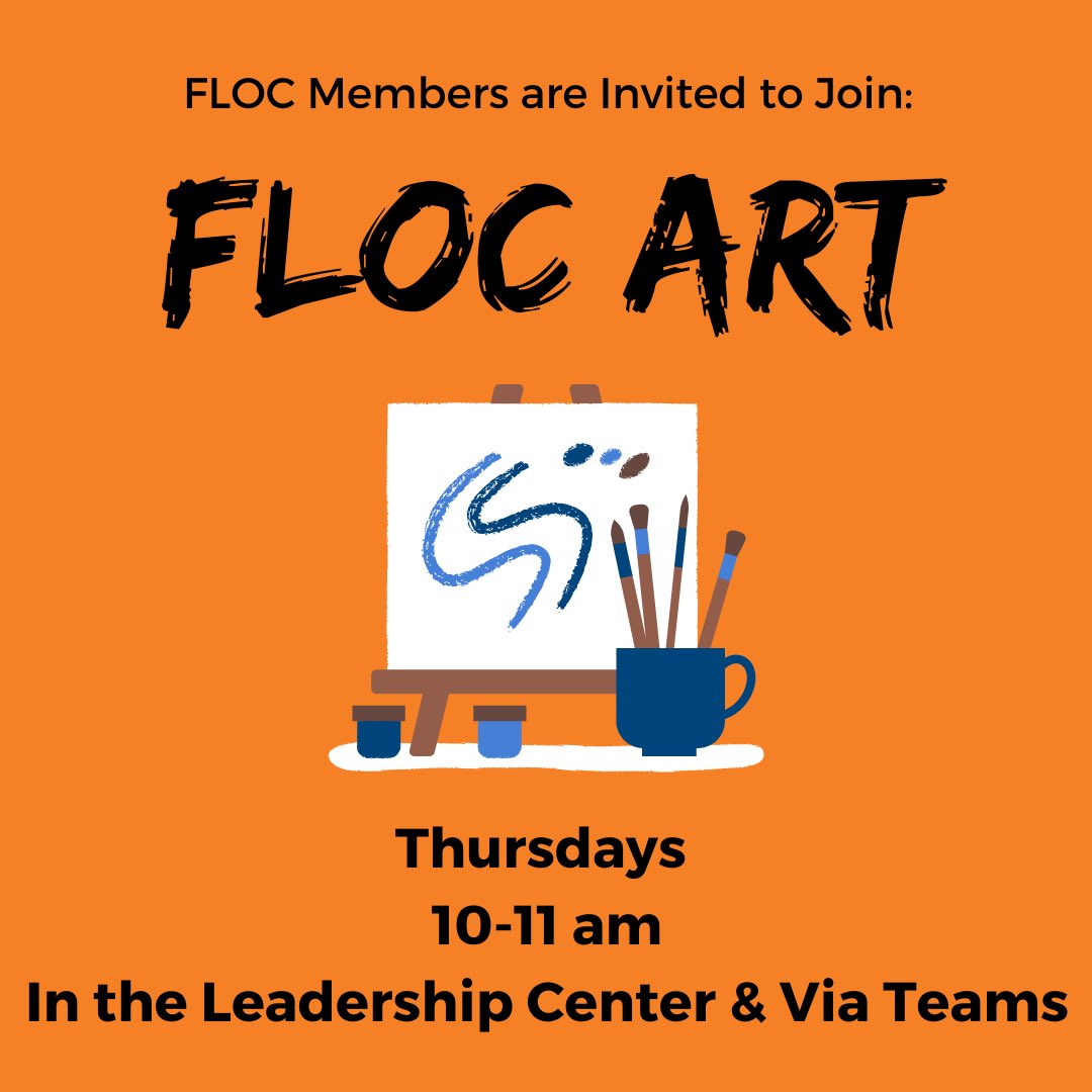 FLOC Art is back! This event includes getting together, whether in person or virtual, to color, draw, or paint while engaging in genuine conversation. Come to the Leadership Center at the University Center in room 180TH or join virtually through Teams each Thursday from 10-11 am!