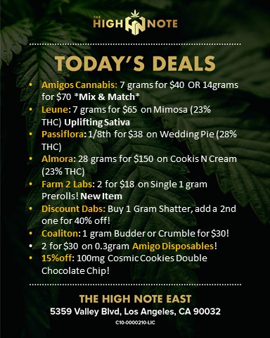 TheHighNoteCA's tweet photo. Hump day #deals are here to get you through the rest of the week. Get some @Amigocannabis @LEUNEbrand Passiflora, Almora, Farm 2 Lab, Discount Dabs, Cosmic Cookies, @coalition_co and much more!

#LegalWeed #CulverCity #EastLos https://t.co/jSbASr9nSG