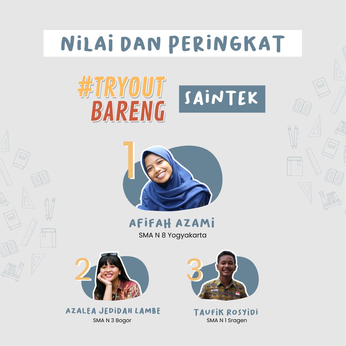 studxed's tweet photo. Haii! Hasil peringkat Try Out kemarin udah keluar nih, langsung cek aja di
Hasil Try Out saintek : https://t.co/X4CIovH7PQ
Hasil Try Out soshum : https://t.co/WsecnCOAFL

Tetap semangat dan terus belajar yaa🔥
Sampai jumpa di Try Out Bareng #2 ! https://t.co/K5zONQzwMT