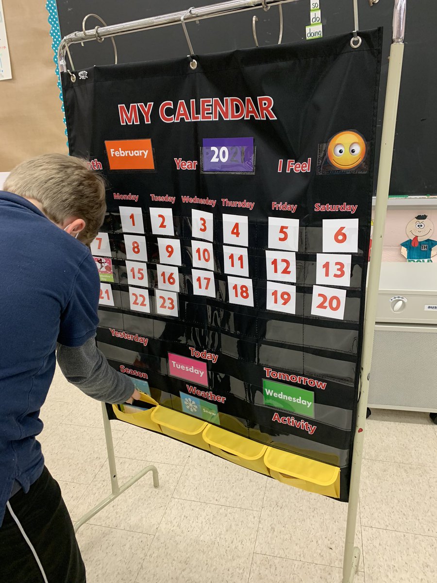 MsAAugello's tweet photo. S was feeling 😊 today working with our new class calendar!  He’s calendar and weather reporter for the week! #classjobs https://t.co/V63tY7IExS
