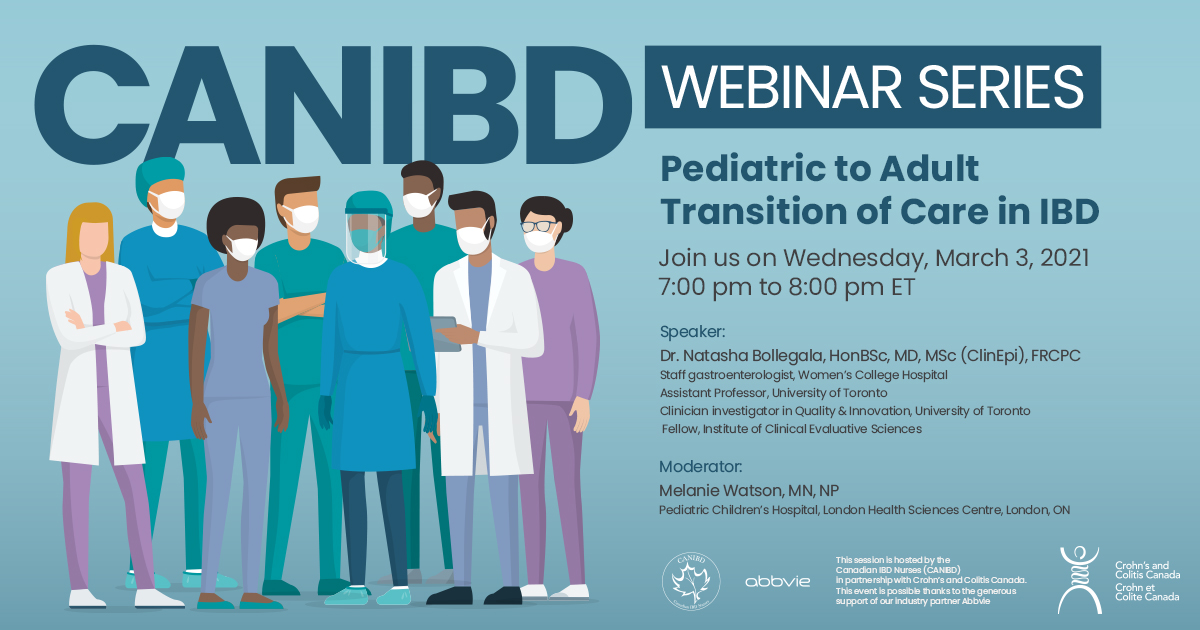 📢 Webinar alert!

Interested in pediatric to adult transition of care in #IBD?

Dr. Natasha Bollegala will bring you up to speed on the IBD transition of care literature, and local &amp; national initiatives underway!

Date: Wed, Mar 3rd @ 7 pm ET

Register: bit.ly/2ZTDNc9