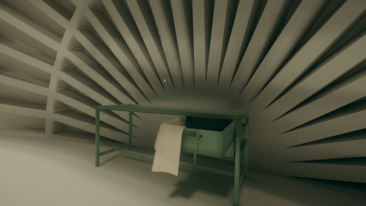 常盤いるむ ーby Karl Kroenen 無機質な ドームのワールド あるのは割れた鏡と空っぽの机ぐらい スイッチは押しても何も起きません し タイトルはモールス記号で Null 虚無 という意味 であり虚しさみたいなものを表現している