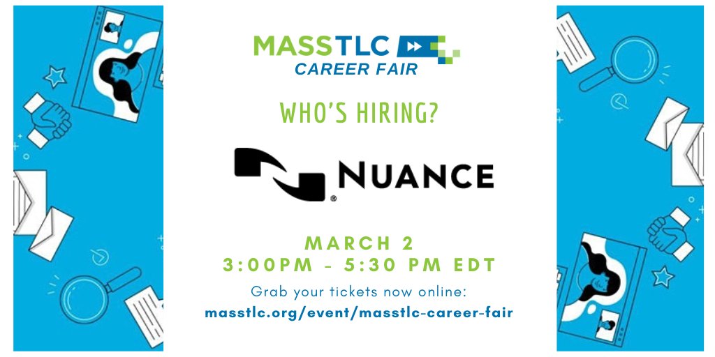 MassTLC's tweet photo. Looking for a job in tech? .@NuanceInc hiring! Learn more about their company: https://t.co/eyzLMf8JsH - Come to our virtual career fair &amp; meet with Nuance - March 2nd. Register here: https://t.co/Ptnh3xHosS #MaTechHiring #MaTechJobs #InclusiveHiring https://t.co/84ceM8sdg5
