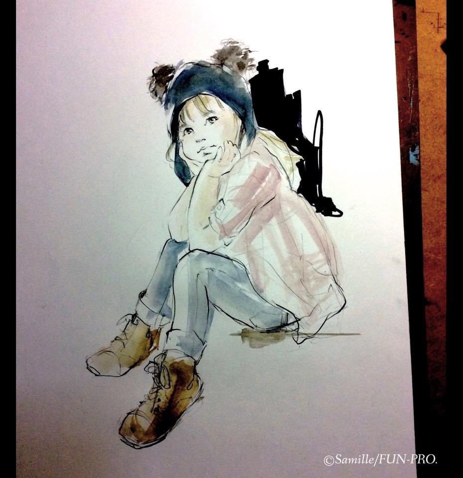 1girl solo sitting pants hat beanie traditional media  illustration images