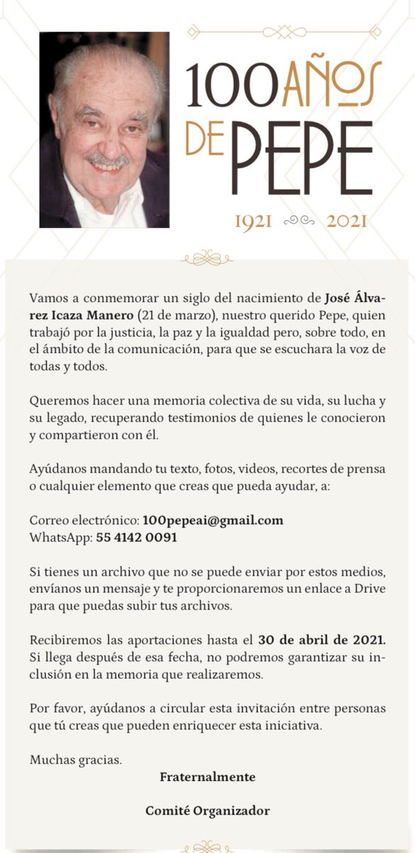 EmilioAlvarezI's tweet image. 100 AÑOS DE PEPE. 

Celebramos los 100 años de nuestro querido José (Pepe) Álvarez Icaza. 

Vamos a celebrar su vida, luchas y legado. 

Ayúdanos con un testimonio y/o circulando con quienes le conocieron. 
Ver info. 👇🏾