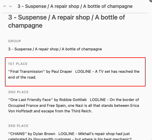 TheBlackGate's tweet image. Happy days as my suspense script &quot;Final Transmission&quot; tops the NYCMidnight.com #ShortScreenplayChallenge semi final group. 

I&apos;m writing in the final this weekend, the last 45 writers from 1,575 entries.