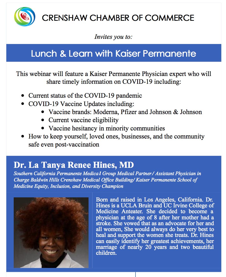 Join Us to Lunch &amp; Learn with Kaiser Permanente
This webinar will feature a Kaiser Permanente Physician expert who will share timely information on COVID-19
REGISTER HERE ---&gt; co.crenshawchamber.com/members/evr/re…