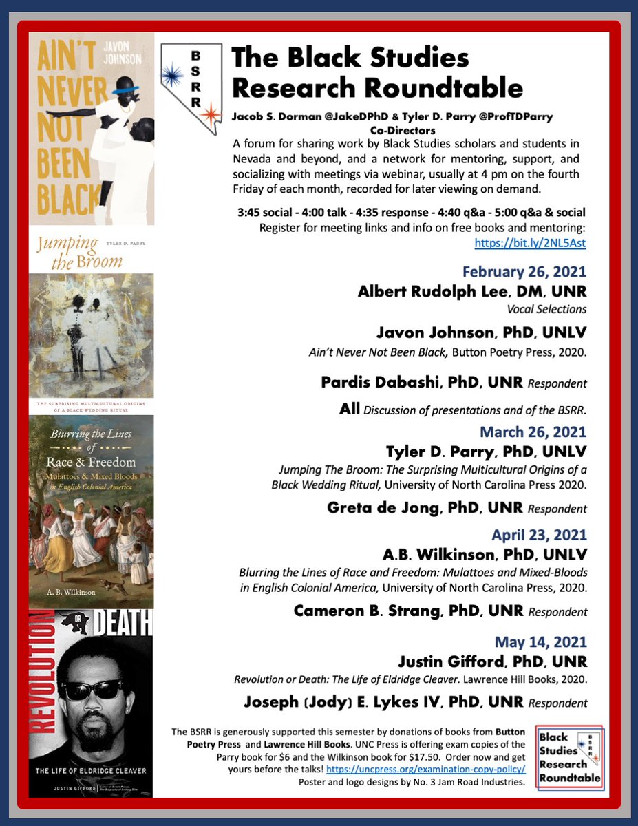 JakeDphD's tweet image. Join the Black Studies Research Roundtable #BSRR

F 2/26 @ 4 PDT
@Javonism, @unlv “Ain’t Never Not Been Black,” @buttonpoetry
Albert Lee, tenor @PDabashi @unevadareno
Register for webinar and a chance to win a copy of the book here: bit.ly/2NL5Ast
@JakeDPhD @ProfTDParry