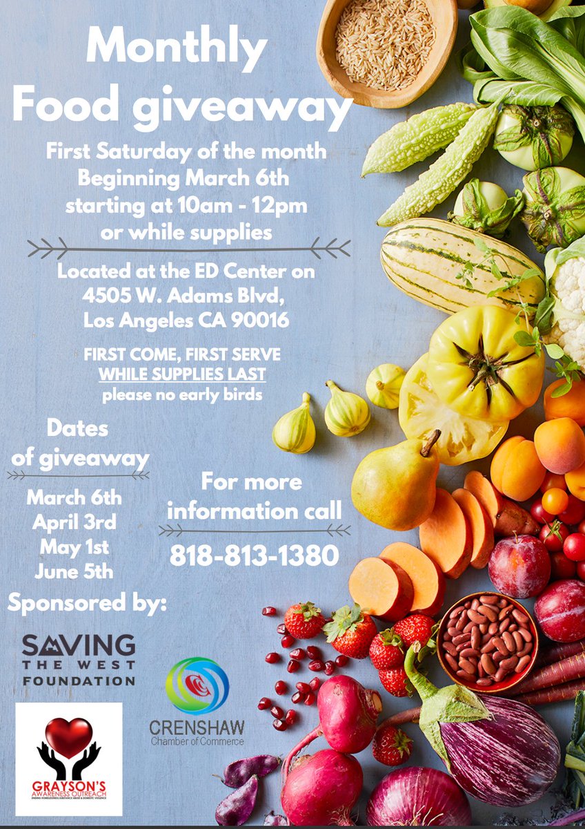 Free fresh food every first Saturday of the month. Please see details in flyer. @savingthewestfoundation