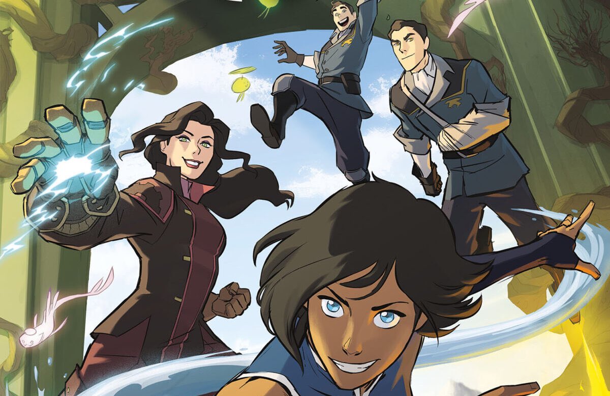 The cover of a legend of Korra comic depicting Korra, Asami, Mano and Bolin...