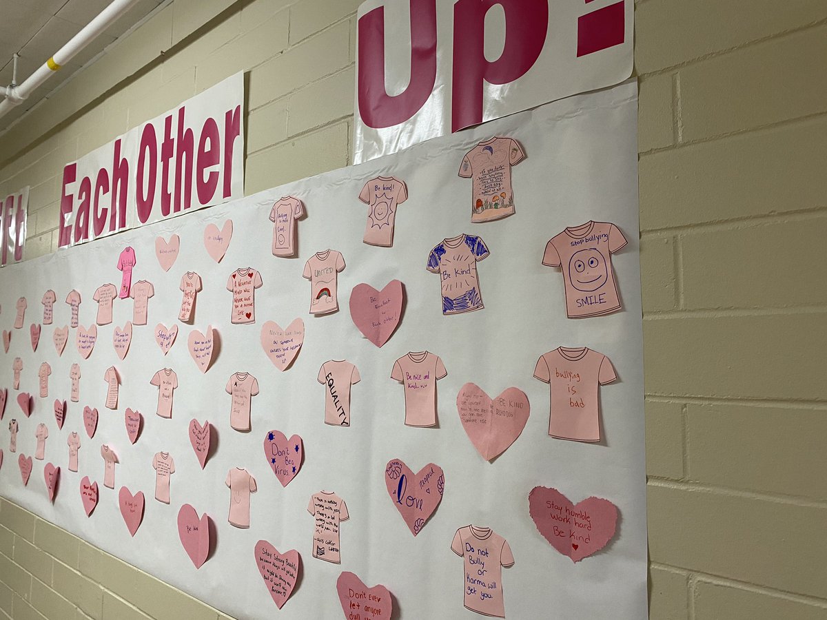 mrlamteacher's tweet photo. #PinkShirtDay2021 at CCLC! Awesome to see all the messages of support here! Great job Coyotes! #sd36learn https://t.co/7VgDrlaPuZ