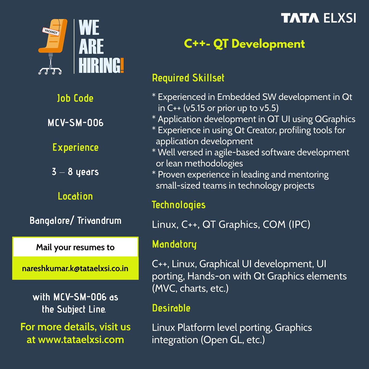 tataelxsi's tweet image. We are Hiring! 

For more information about careers with Tata Elxsi lnkd.in/gusxd-j 

#C++ #QT #qtdevelopment #hiring #jobs #recruitment2021 #careers #jobsearch #recruitment #nowhiring #humanresources #job #recruiting #hr