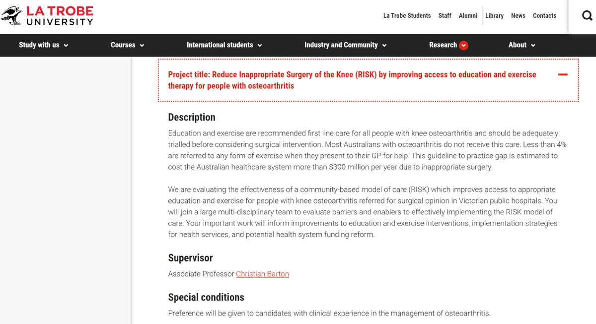 We have a fully funded PhD position to joint our team <a href="/LaTrobeSEM/">La Trobe SEMRC</a> to work within a larger MRFF funded project to Reduce Inappropriate Surgery of the Knee (RISK).

Retweets and shares appreciated ++ 

Get in touch with any questions.

semrc.blogs.latrobe.edu.au/risk/