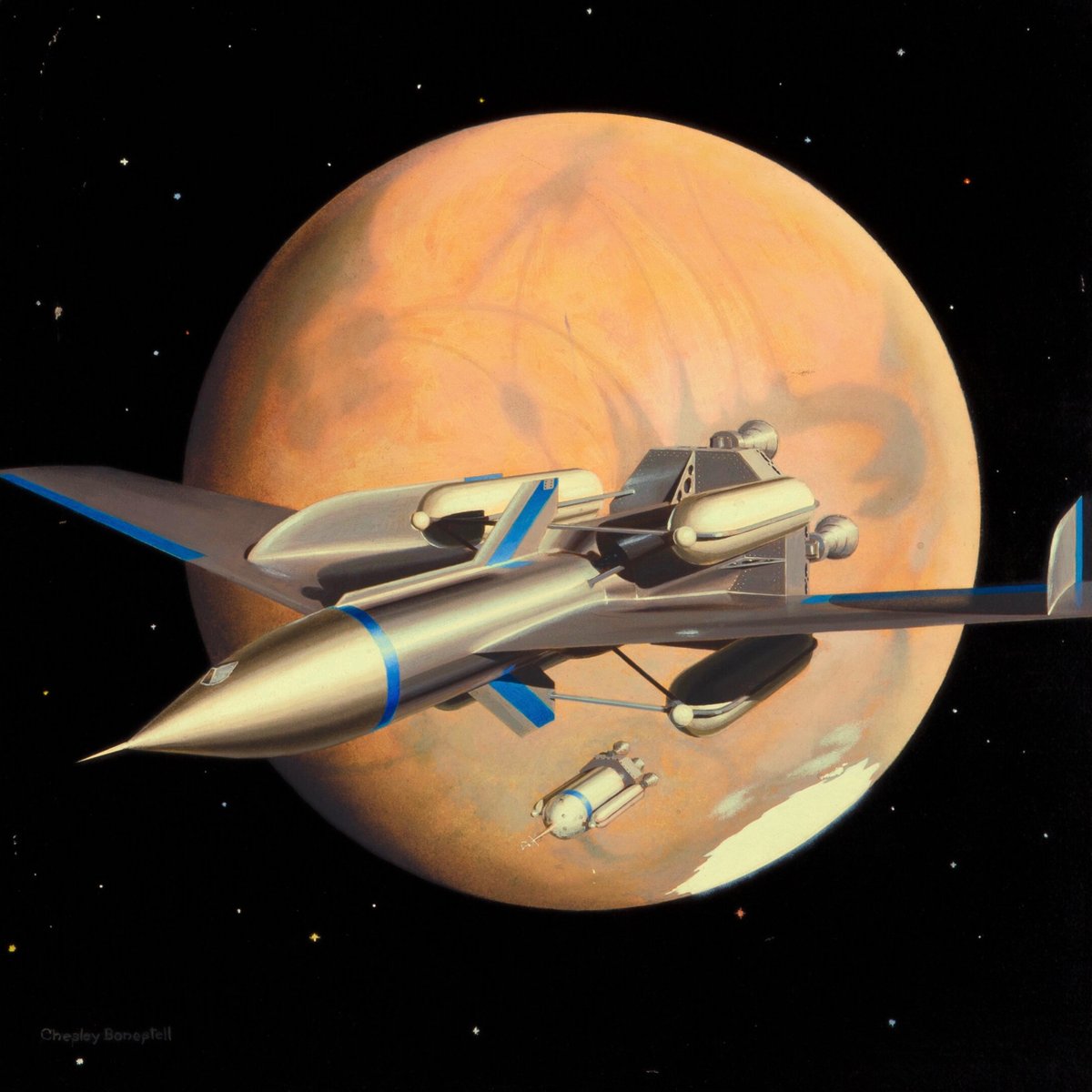 Chesley Bonestell’s cover art for 'The Exploration of Mars,' 1956: "The Mars expedition, 8600 miles from its goal. The ships are approaching tail first."