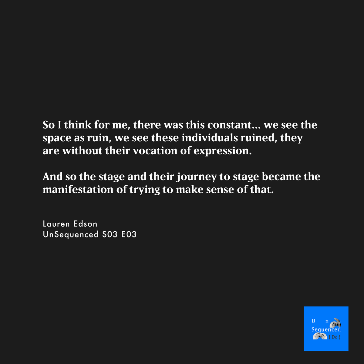 diydancer's tweet photo. "So I think for me, there was this constant...we see the space as ruin, we see these individuals ruined, they are without their vocation of expression." ⁠

Watch this space: a new UnSequenced episode is coming in March, featuring Boise-based choreographer Lauren Edson @L_Edson. https://t.co/gZS4SbpjQD