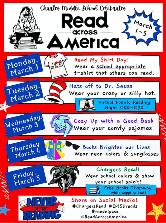 flowerlibrary1's tweet photo. Celebrate Read Across America with us next week! Here is what we are doing at @CharlesChargers
@EPISDLibraries #readelpaso #EPISDreads #ReadAcrossAmerica https://t.co/iwlAQAGv2a