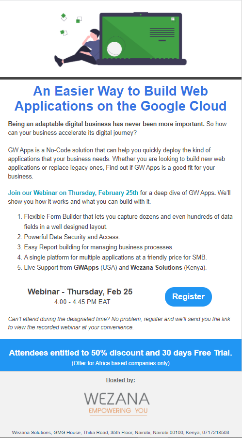 WezanaHub's tweet photo. Digitize your workflow with No code. Discover more on GW Apps free webinar hosted by @WezanaHub.
Date: Thursday, 25th February 2021
Time: 4pm - 4.45pm EAT
Register here: https://t.co/catGBD9Isi
#GWApps #Nocodesolution #Wezana #webapplication https://t.co/4EJPGoKOUU