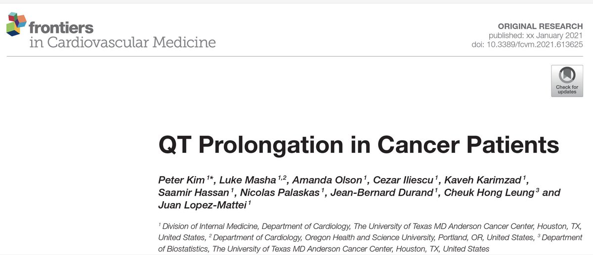 QT prolongation in cancer patient is not uncommon. It has been reported by Sarapa et al. JCO 2005 that about 15% of cancer pts could be excluded from phase I & II studies. We took the challenge to evaluate incidence of acquired LQTS at our center 1/6 👉🏼 urldefense.com/v3/__http://li…$