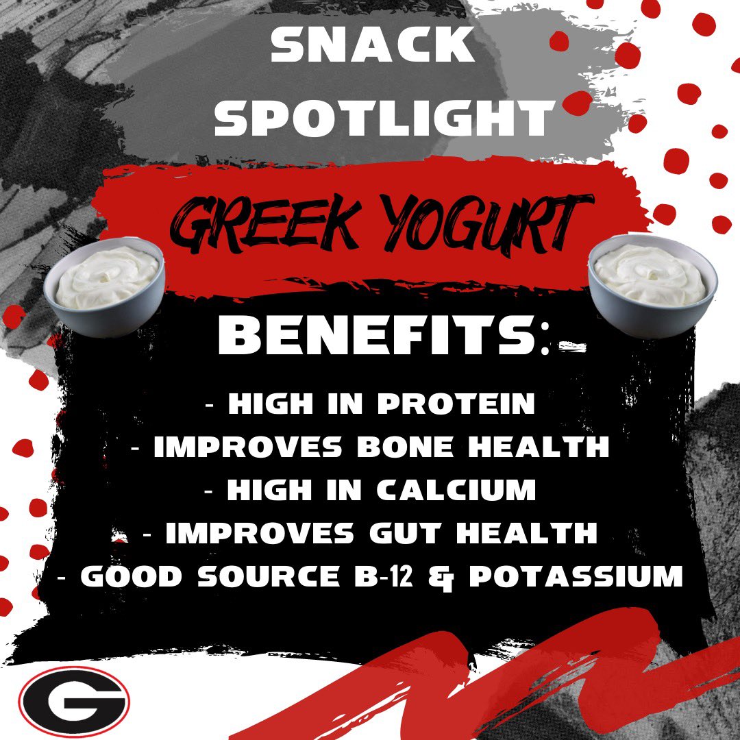 This week’s snack spotlight is on ⭐️GREEK YOGURT⭐️!! Greek yogurt is high in protein, calcium, B-12, and potassium. It’s also great for improving bone and gut health! 💪🦴⚡️

Follow our Instagram for more info!! #GoDawgs #ATD