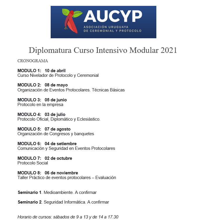 AUCYP's tweet photo. Compartimos el cronograma de la Diplomatura en Ceremonial y Protocolo.
Por inscripciones completar la Ficha en el siguiente Link:
https://t.co/4rOwykuXtO
#cursos2021 #AUCYP #Protocolo #Ceremonial #Eventos #RRPP https://t.co/DEE562NsyO