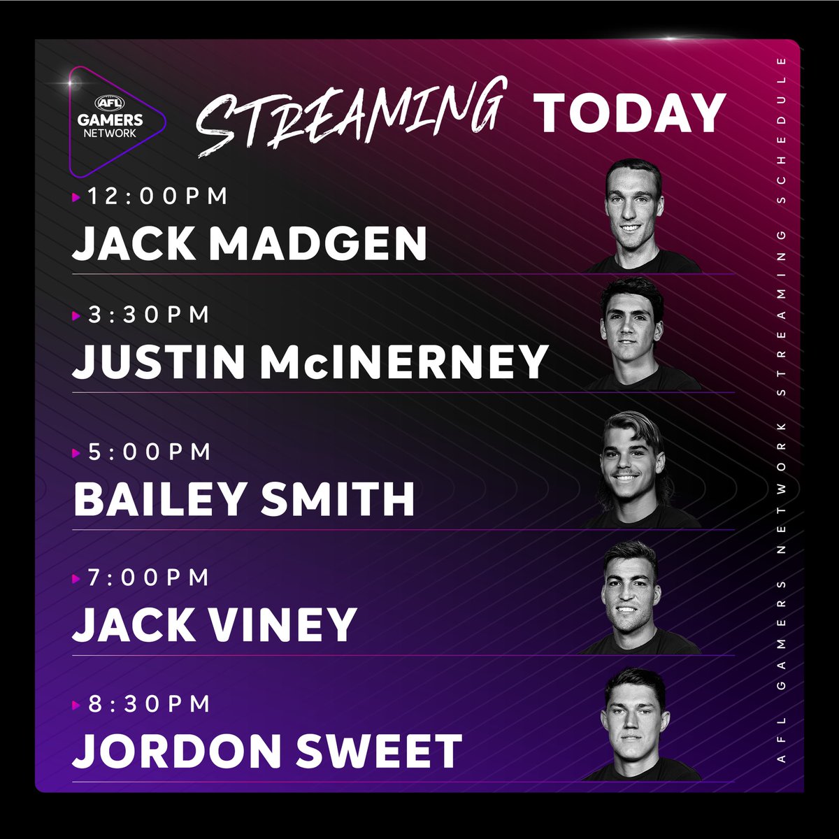 Another big day of streaming on <a href="/AFLGamers/">AFL Gamers Network</a> <a href="/Twitch/">Twitch</a> including Jack Viney and Bailey Smith!

Jack Madgen kicks us off at 12PM AEDT! 🔥