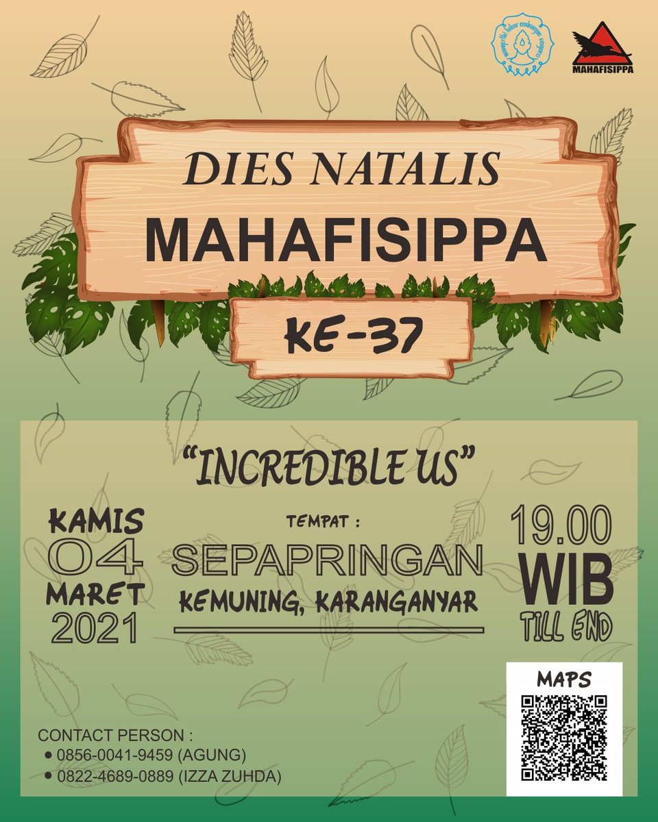 mahafisippa's tweet photo. [INTERNAL]
Hello Genk!!!
Mengundang mas-mas &amp; mbak-mbak seluruh anggota Mahafisippa untuk menghadiri dan merayakan acara Dies Natalis ke-37 yang akan berlangsung pada:
📅 : Kamis, 04 Maret 2021
🕖 : 19.00 WIB
📍 : Sepapringan, Kemuning, Karanganyar https://t.co/sn8D2yTPNb