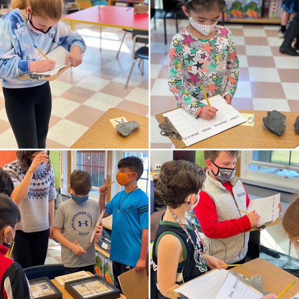 MsPoncet's tweet photo. Today our class had a chance to view Ms. Delgiorno’s fossil collection! They walked around each “exhibit” writing down their observations, drawing what they saw, and trying to make an educated guess on what animal fossil it might be! @NorthSideEW #ewlearns https://t.co/2Qyw7hJgpI