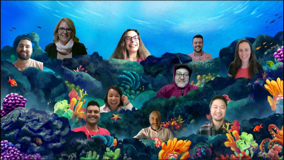 dorothelle's tweet photo. Who says you can't have fun with your team working from home?

(Most of) the workplace campaigns team reppin' for Pink Shirt Day in our underwater meeting. https://t.co/dhCrKr7awm