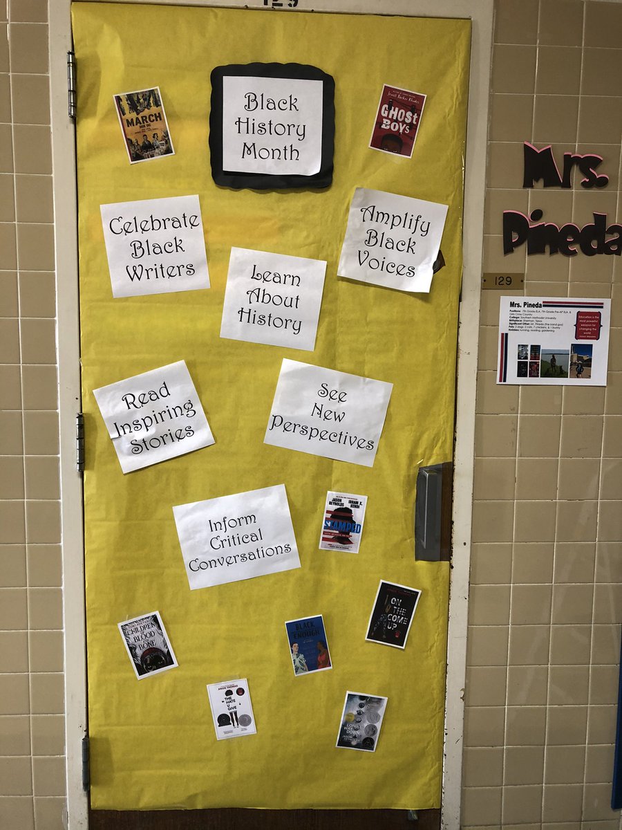 MrsPinedasPage's tweet photo. My door wasn’t a winner, but these books in my classroom library are! All month long we’ve been celebrating  black authors because books are “mirrors, windows, and sliding glass doors” for students. I love seeing these books circulating through my students’ hands! #proud2bLJH https://t.co/tFH0bdkwma