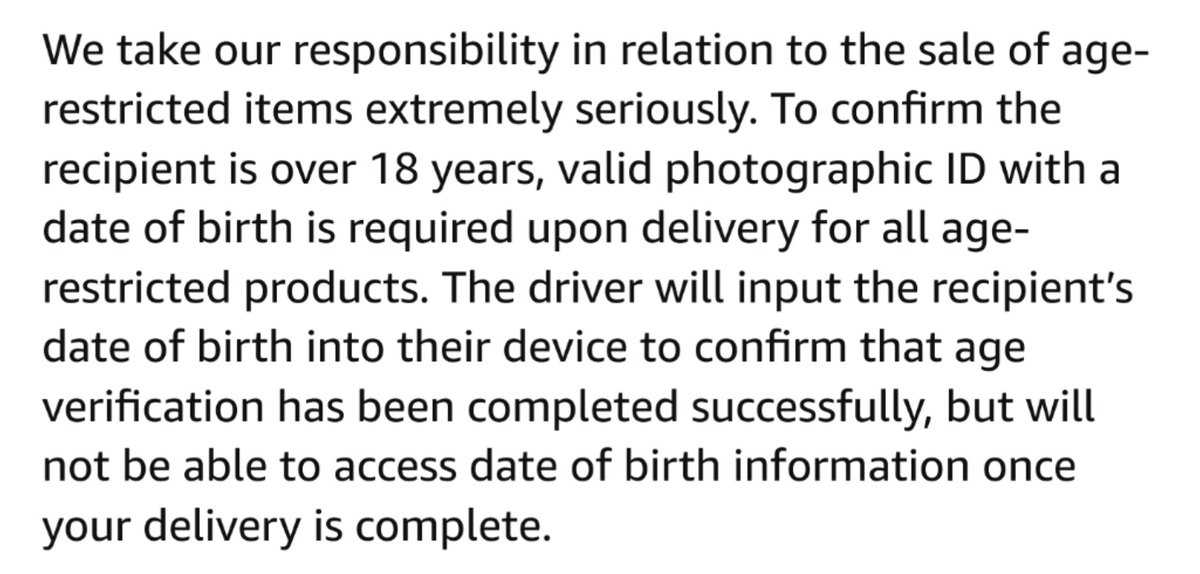 EinsteinsAttic's tweet photo. @IdentityReview @DCMS @GDSTeam An object lesson in #ProofOfAge vs excessive #ProofOfID from earlier today:
https://t.co/miZjVOcNrs
While it clearly doesn't #trust its own staff, @amazon doesn't need someone's date of birth; it simply needs proof that someone is over 18, to handle its corporate #liability. https://t.co/KtriCdWSOZ
